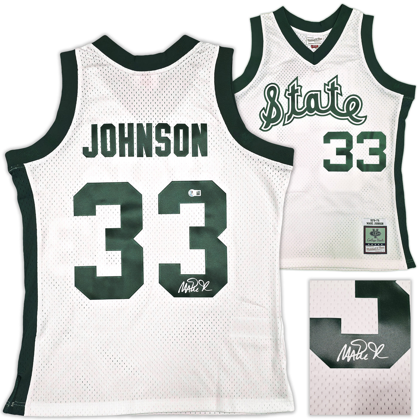 Michigan State Spartans Magic Johnson Autographed White Authentic Mitchell & Ness 1978-79 College Vault Jersey Size XL Beckett BAS Witness Stock #256714