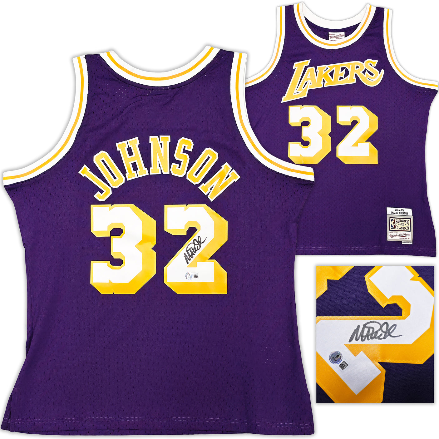 Los Angeles Lakers Magic Johnson Autographed Purple Authentic Mitchell & Ness 1984-85 Hardwood Classic Swingman Jersey Size L Beckett BAS Witness Stock #256707