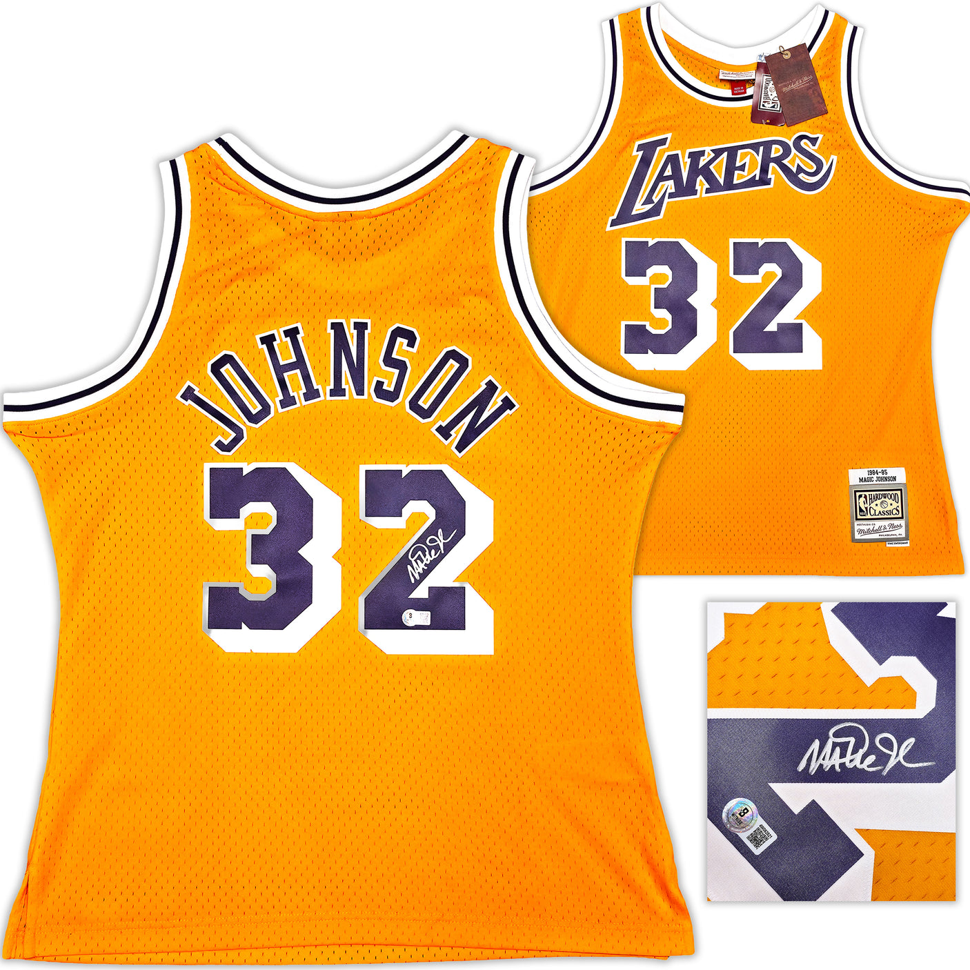 Los Angeles Lakers Magic Johnson Autographed Yellow Authentic Mitchell & Ness 1984-85 Hardwood Classic Swingman Jersey Size XL Beckett BAS Witness Stock #256710
