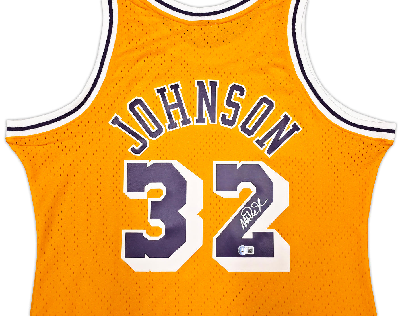 Los Angeles Lakers Magic Johnson Autographed Yellow Authentic Mitchell & Ness 1984-85 Hardwood Classic Swingman Jersey Size XL Beckett BAS Witness Stock #256710