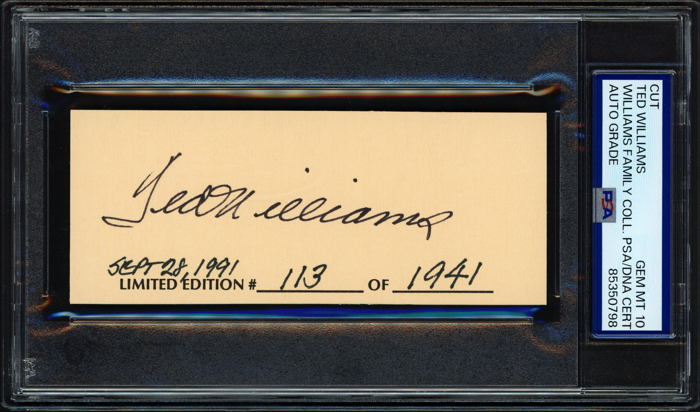 Ted Williams Autographed 2x5 Cut Signature Boston Red Sox Auto Grade Gem Mint 10 LE #/1941 PSA/DNA Stock #256703