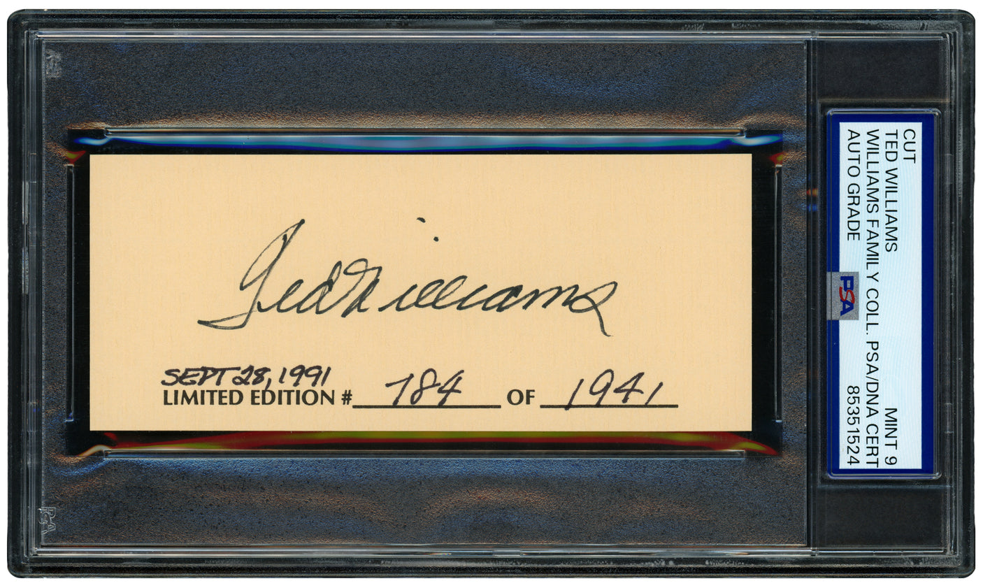 Ted Williams Autographed 2x5 Cut Signature Boston Red Sox Auto Grade Mint 9 LE #/1941 PSA/DNA Stock #256704
