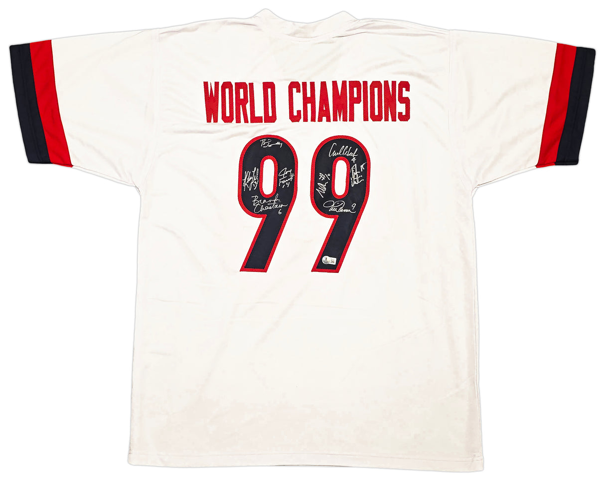 1999 Team USA Women's Soccer World Cup Champions Autographed White Jersey With 8 Signatures Including Hamm & Chastain Beckett BAS Witness Stock #257835