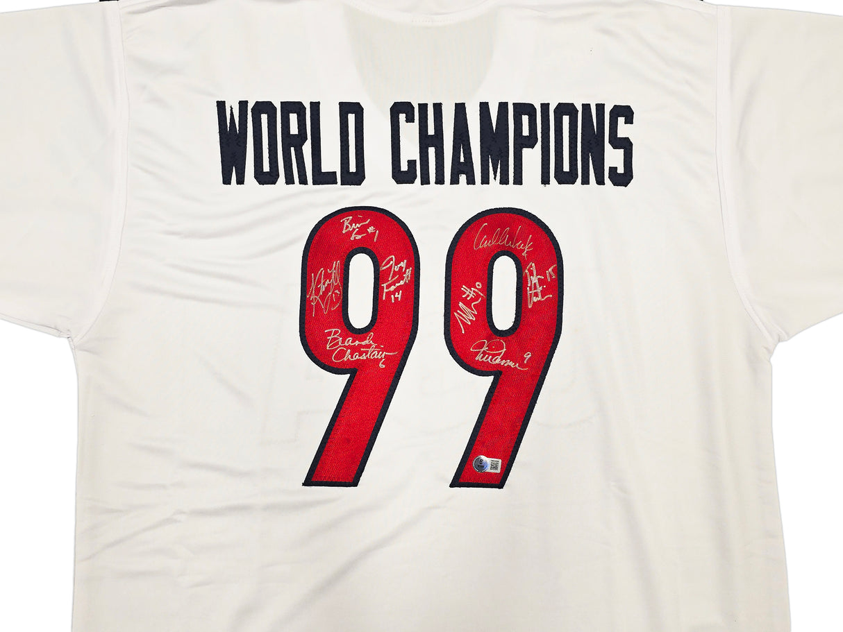 1999 Team USA Women's Soccer World Cup Champions Autographed White Jersey With 8 Signatures Including Hamm & Chastain Beckett BAS Witness Stock #257834