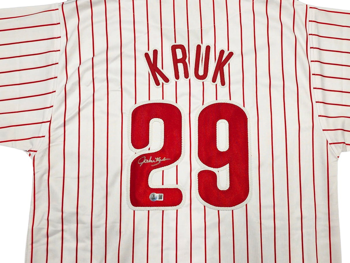 Philadelphia Phillies John Kruk Autographed White Jersey Beckett BAS Witness Stock #257920