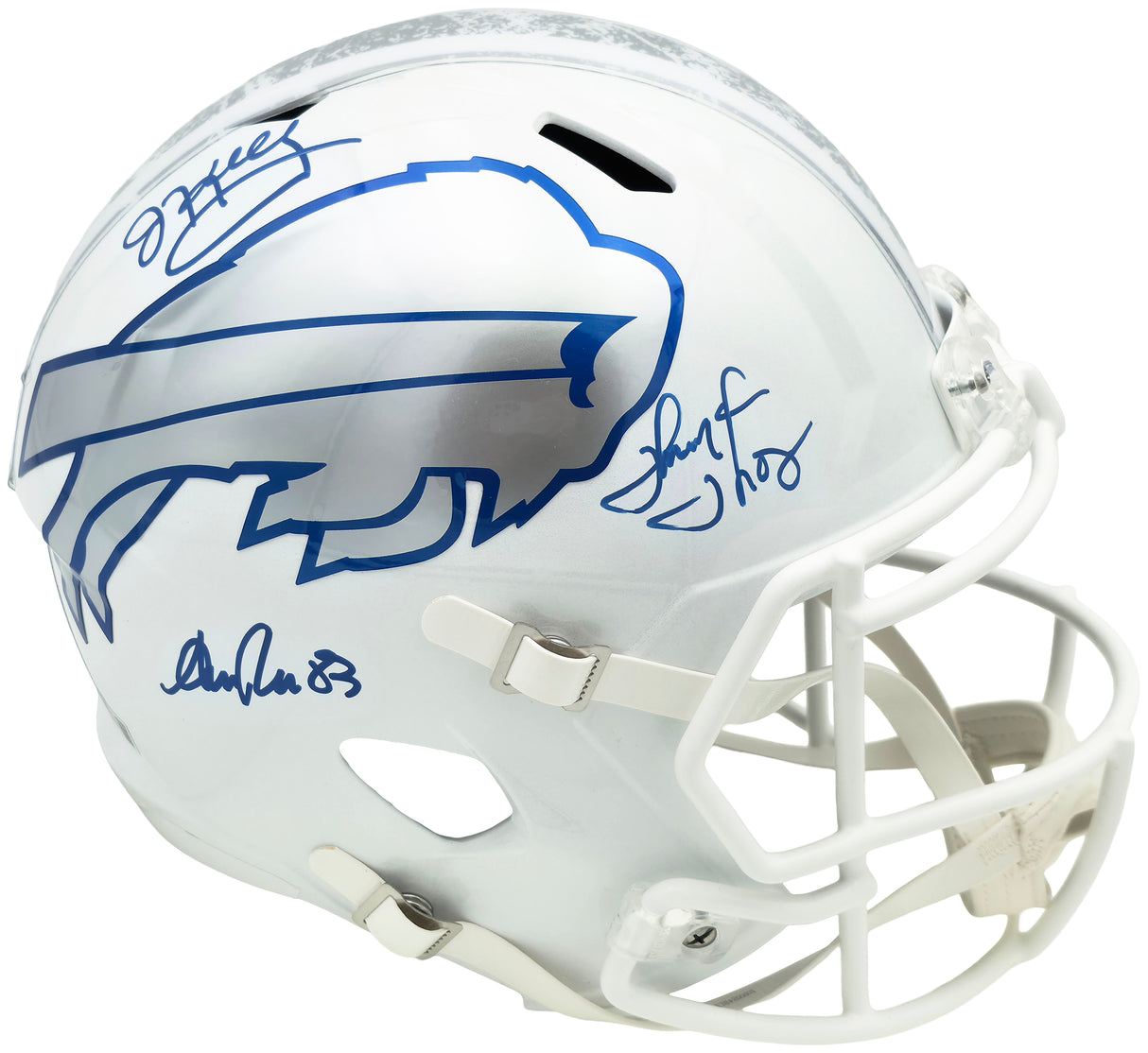 Jim Kelly, Thurman Thomas & Andre Reed Autographed Buffalo Bills Rivalries White Full Size Replica Speed Helmet Beckett BAS Witness Stock #256869