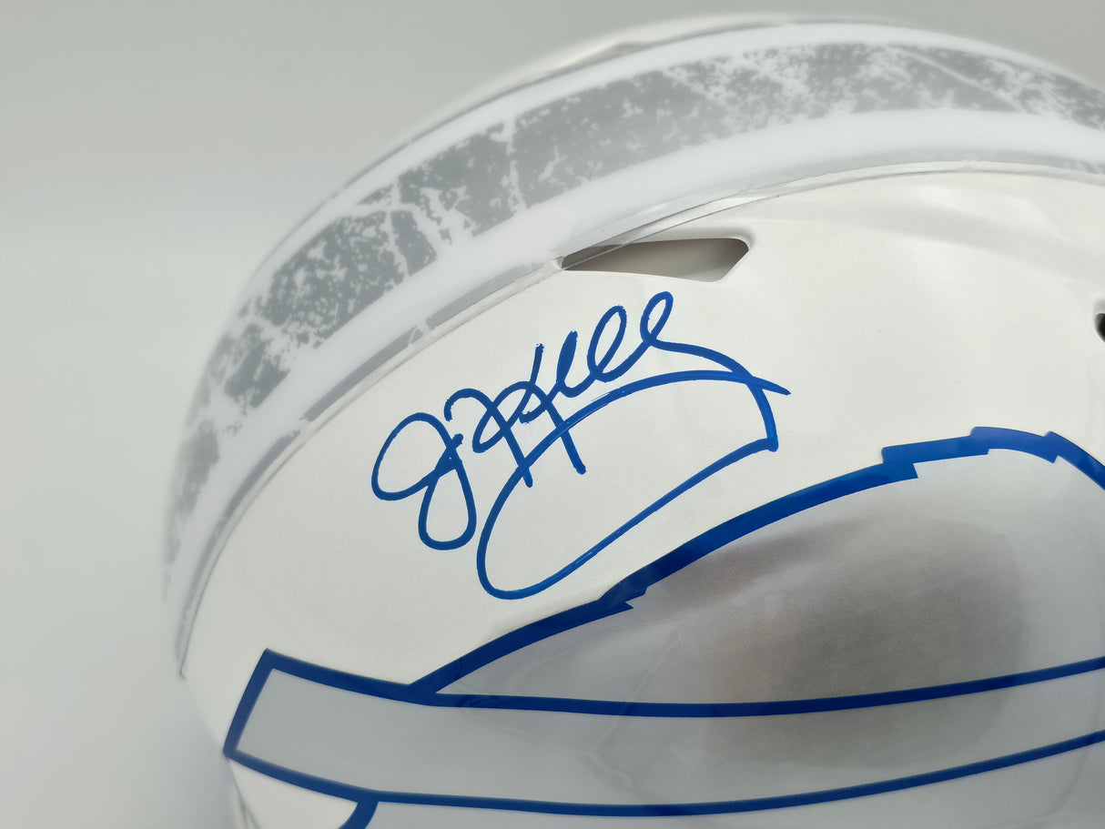 Jim Kelly, Thurman Thomas & Andre Reed Autographed Buffalo Bills Rivalries White Full Size Authentic Speed Helmet Beckett BAS Witness Stock #256870