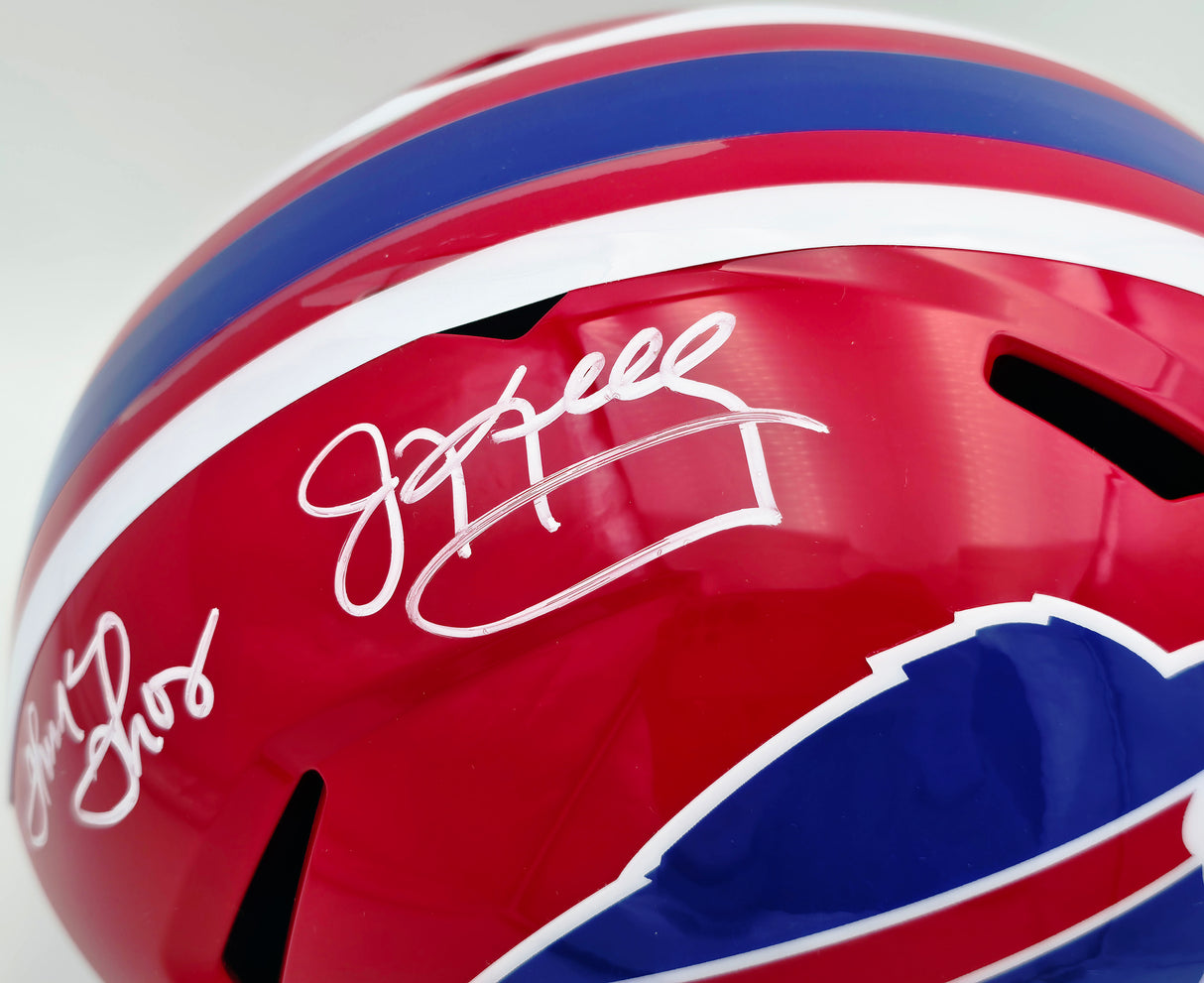 Jim Kelly, Thurman Thomas & Andre Reed Autographed Buffalo Bills Red Full Size Replica Speed Helmet Beckett BAS Witness Stock #256871