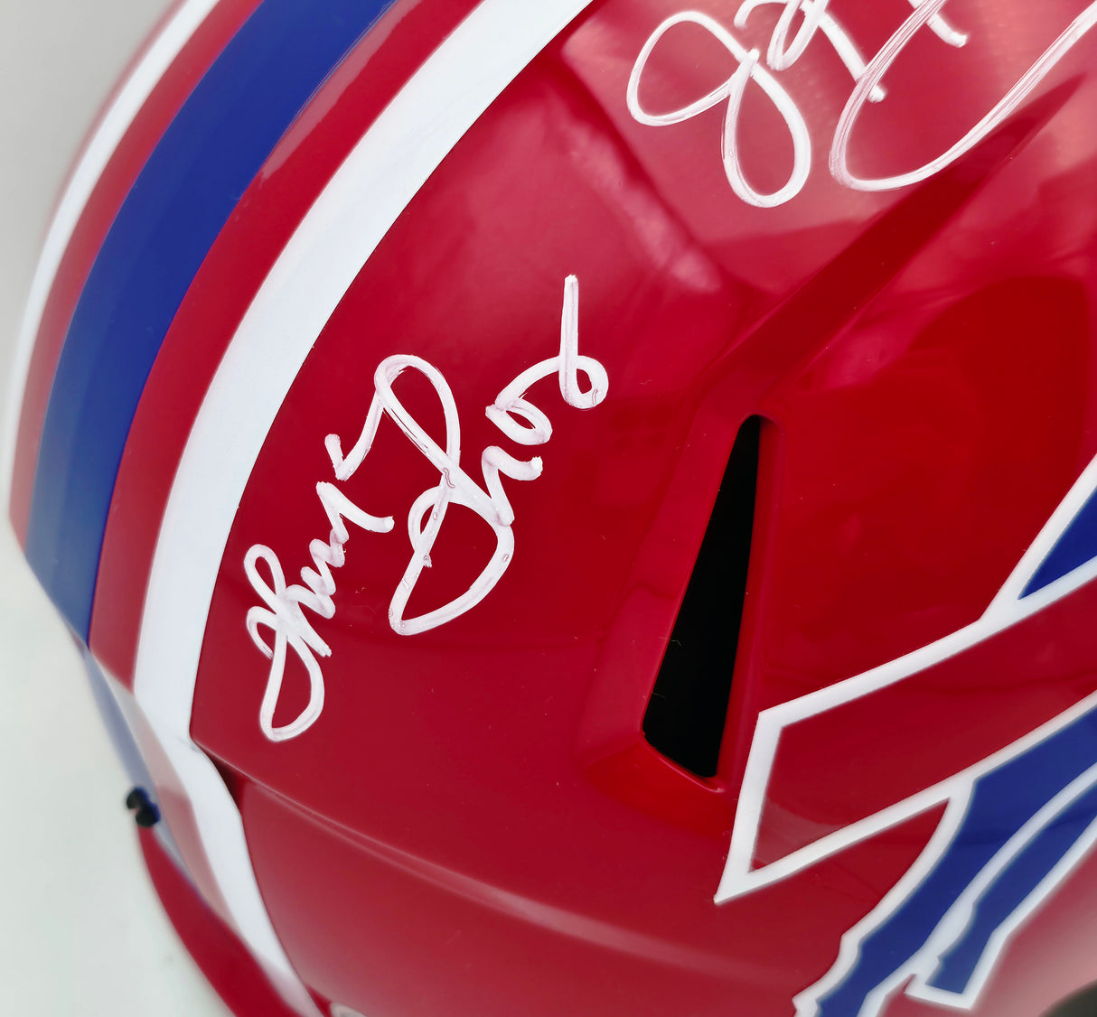 Jim Kelly, Thurman Thomas & Andre Reed Autographed Buffalo Bills Red Full Size Replica Speed Helmet Beckett BAS Witness Stock #256871