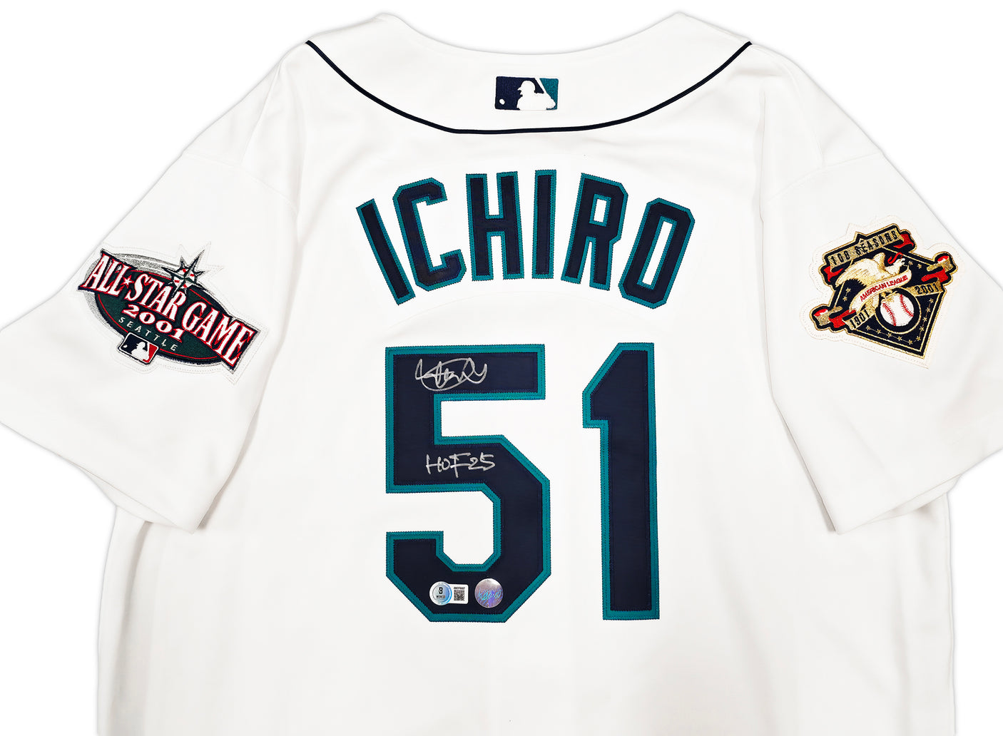 Seattle Mariners Ichiro Suzuki Autographed White Authentic Mitchell & Ness Cooperstown Authentic Collection 2001 ASG Patch Rookie Jersey Size 44 "HOF 25" IS Holo & Beckett BAS Witness Stock #256856