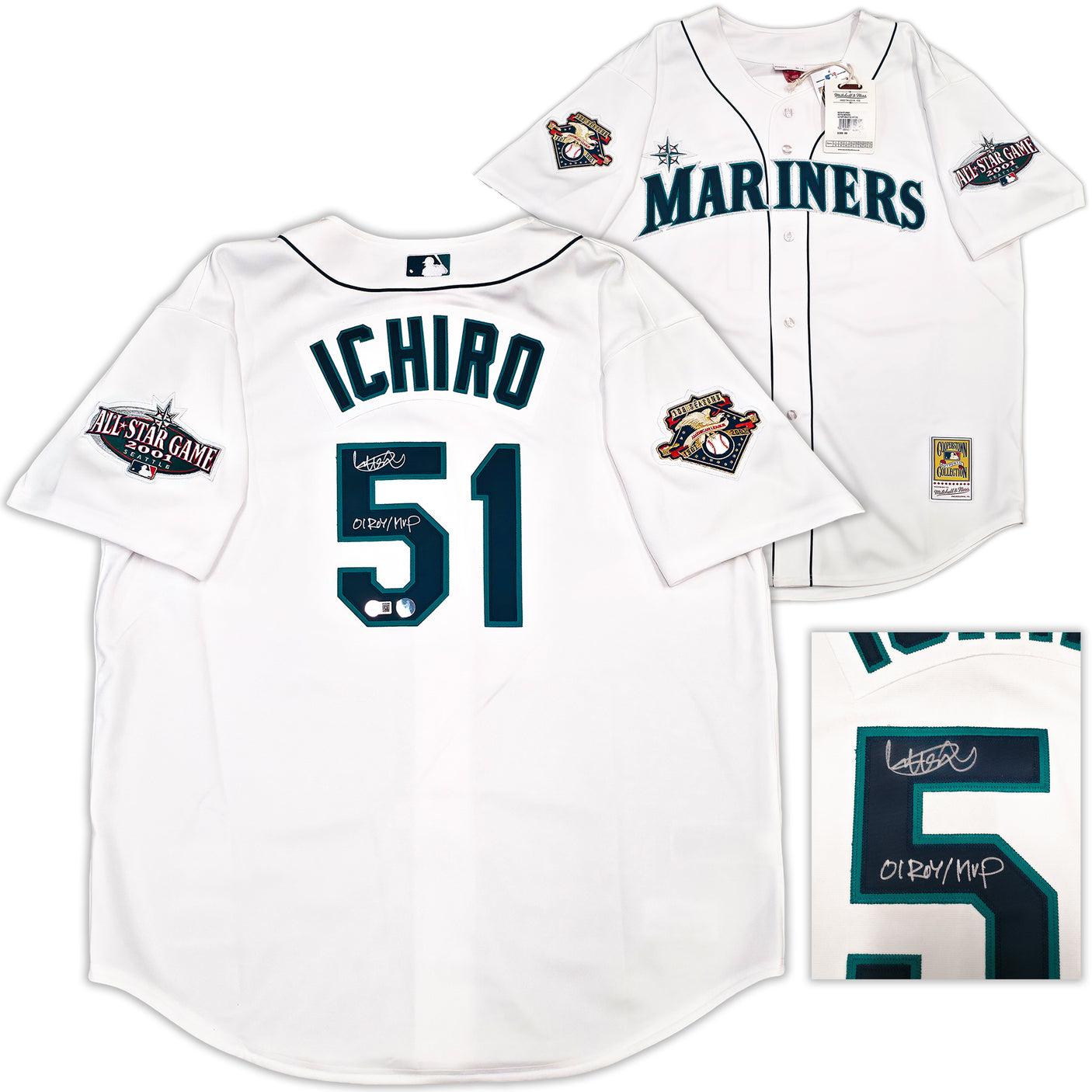 Seattle Mariners Ichiro Suzuki Autographed White Authentic Mitchell & Ness Cooperstown Authentic Collection 2001 ASG Patch Rookie Jersey Size 52 "01 ROY/MVP" IS Holo & Beckett BAS Witness Stock #256851
