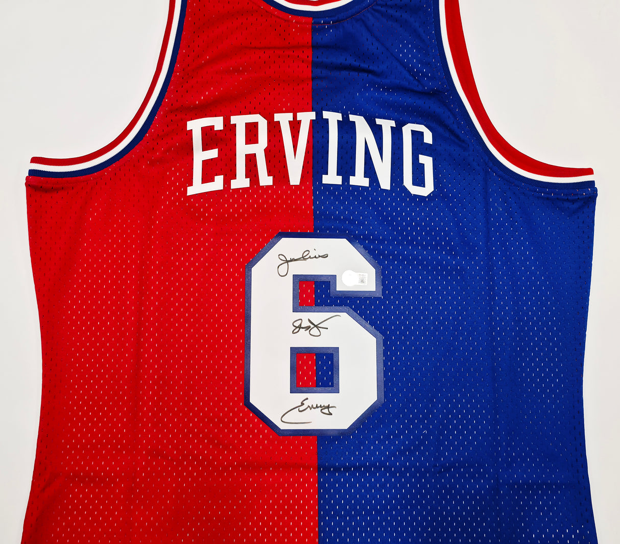 Philadelphia 76ers Julius "Dr. J" Erving Autographed Red & Blue Authentic Mitchell & Ness 1982-83 HWC Swingman Jersey Size L Beckett BAS Witness Stock #253699