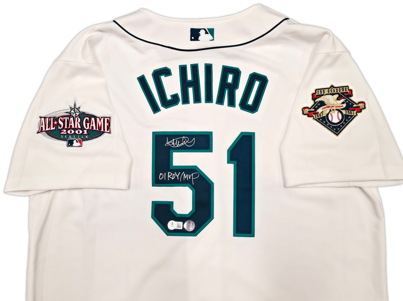 Seattle Mariners Ichiro Suzuki Autographed White Authentic Mitchell & Ness Cooperstown Authentic Collection 2001 ASG Patch Rookie Jersey Size 44 "01 ROY/MVP" IS Holo & Beckett BAS Witness Stock #256853