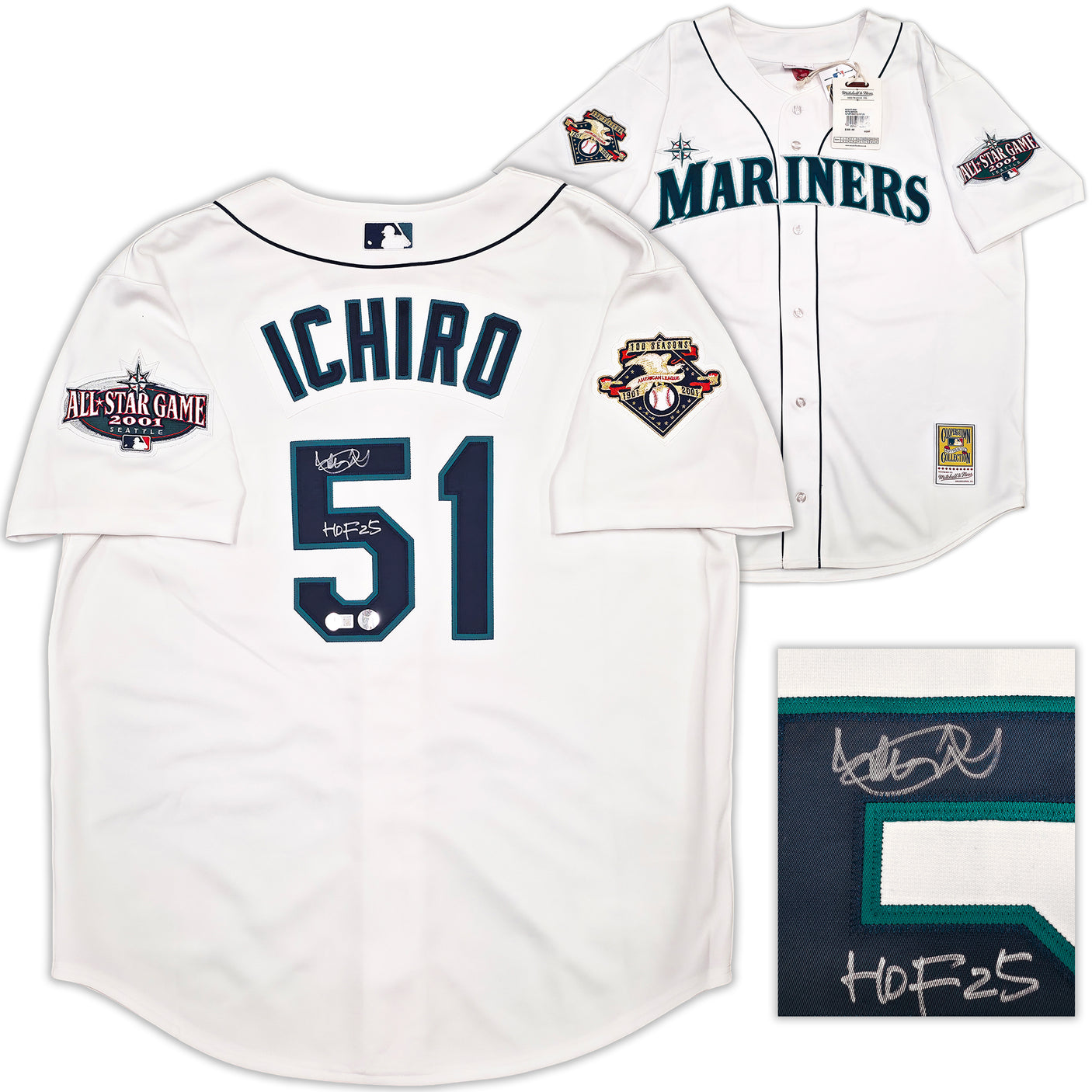 Seattle Mariners Ichiro Suzuki Autographed White Authentic Mitchell & Ness Cooperstown Authentic Collection 2001 ASG Patch Rookie Jersey Size 48 "HOF 25" IS Holo & Beckett BAS Witness Stock #256855
