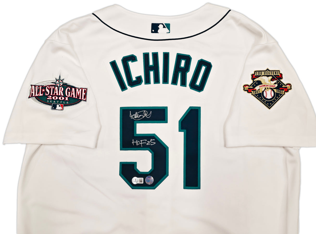 Seattle Mariners Ichiro Suzuki Autographed White Authentic Mitchell & Ness Cooperstown Authentic Collection 2001 ASG Patch Rookie Jersey Size 48 "HOF 25" IS Holo & Beckett BAS Witness Stock #256855