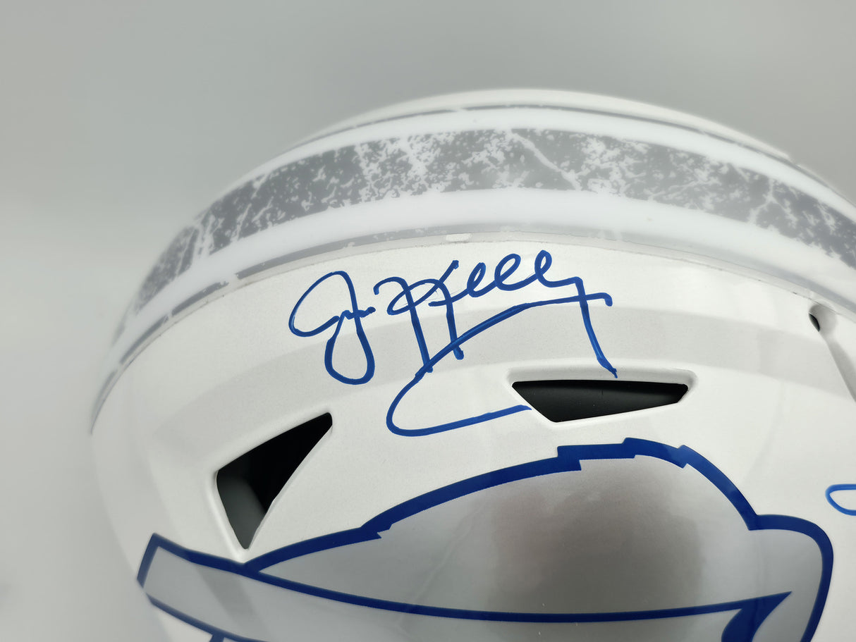 Jim Kelly, Thurman Thomas & Andre Reed Autographed Buffalo Bills Rivalries White Full Size Authentic Hyper Speed Flex Helmet Beckett BAS Witness Stock #256868