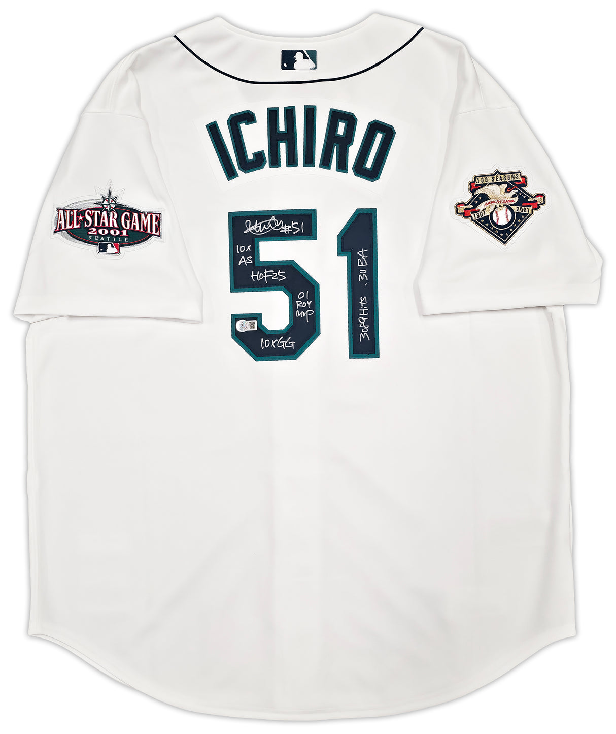 Seattle Mariners Ichiro Suzuki Autographed White Authentic Mitchell & Ness Cooperstown Authentic Collection 2001 ASG Patch Rookie Jersey Size 52 With 7 Stats IS Holo & Beckett BAS Witness Stock #256850