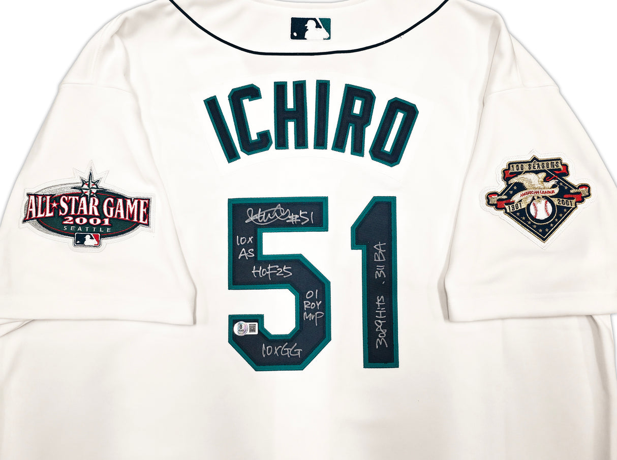Seattle Mariners Ichiro Suzuki Autographed White Authentic Mitchell & Ness Cooperstown Authentic Collection 2001 ASG Patch Rookie Jersey Size 52 With 7 Stats IS Holo & Beckett BAS Witness Stock #256850