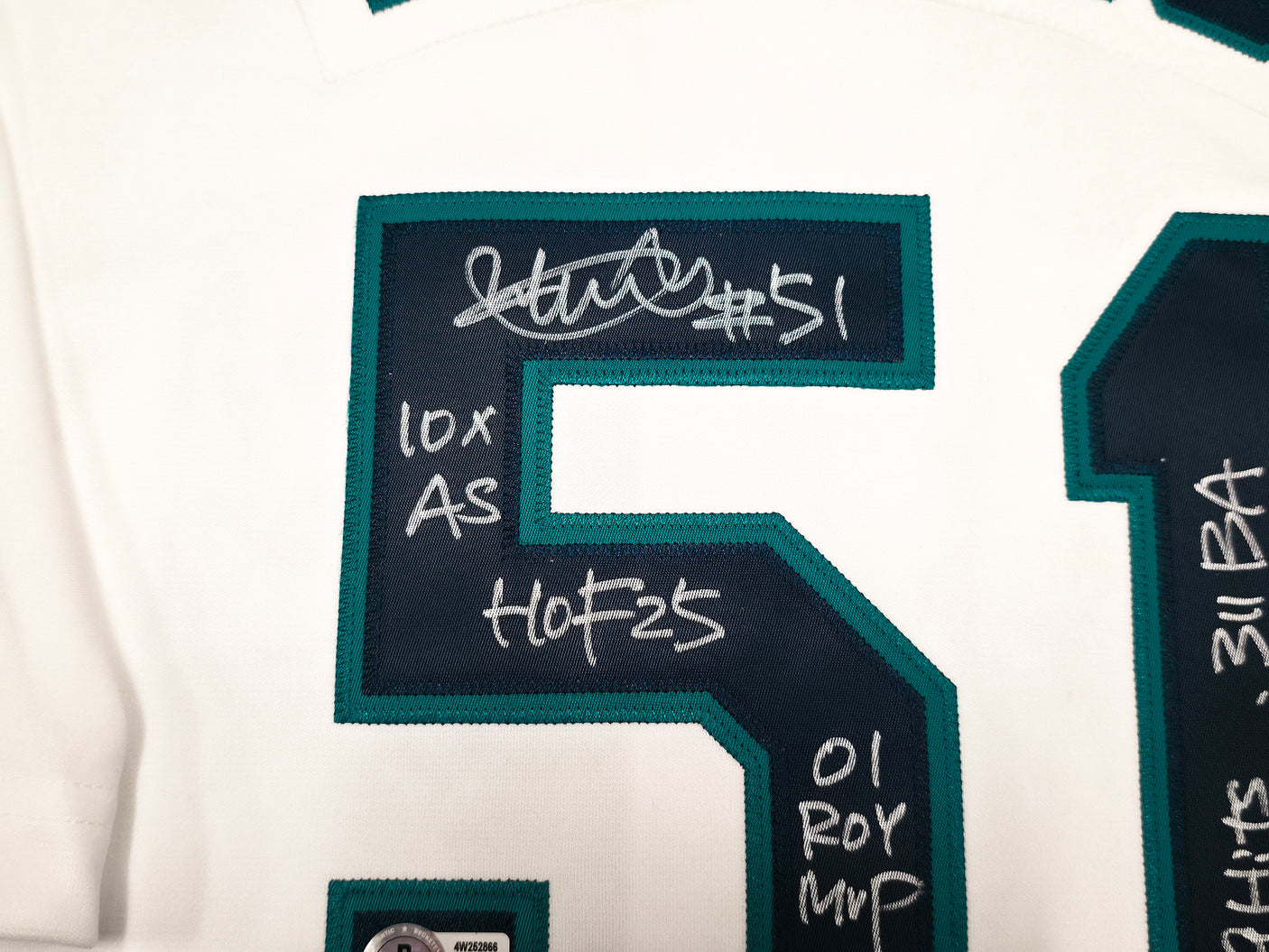 Seattle Mariners Ichiro Suzuki Autographed White Authentic Mitchell & Ness Cooperstown Authentic Collection 2001 ASG Patch Rookie Jersey Size 52 With 7 Stats IS Holo & Beckett BAS Witness Stock #256850