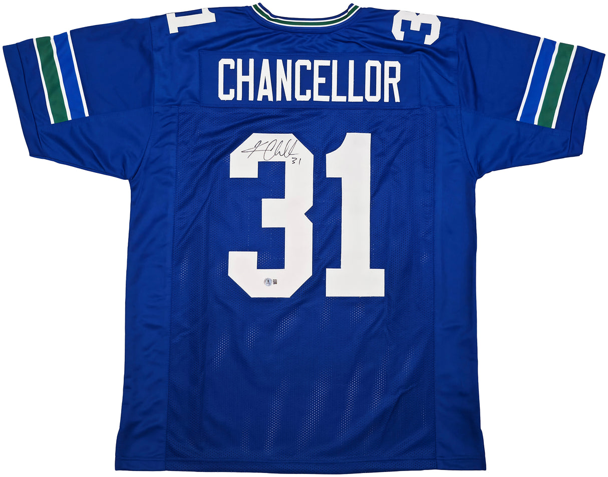 Seattle Seahawks Kam Chancellor Autographed Blue Throwback Jersey Beckett BAS Witness Stock #259852