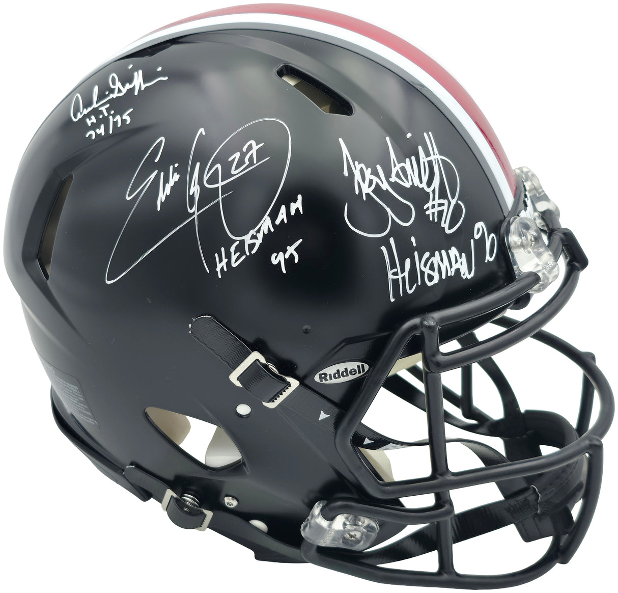 Archie Griffin, Eddie George & Troy Smith Autographed Ohio State Buckeyes 2015 Alternate Black Full Size Speed Authentic Helmet "Heisman" Beckett BAS Witness Stock #261829