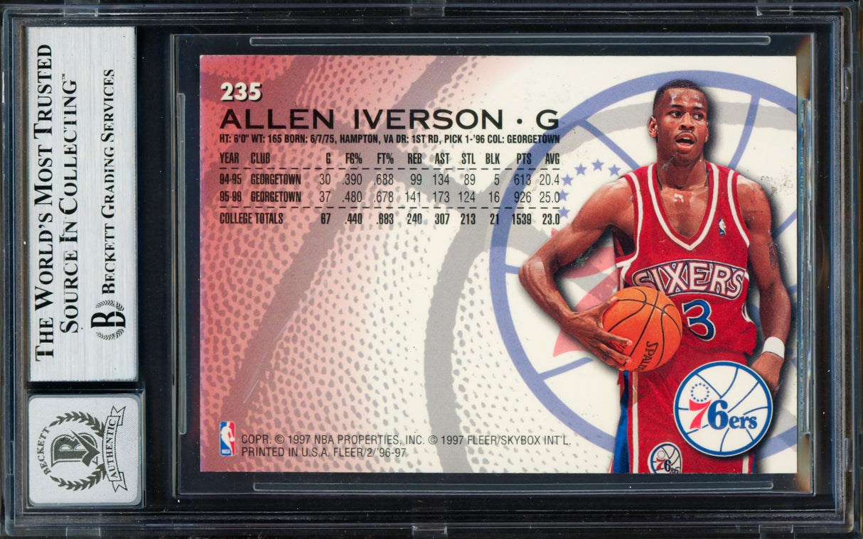 Allen Iverson Autographed 1996-97 Fleer Rookie Card #235 Philadelphia 76ers Auto Grade Gem Mint 10 Beckett BAS Stock #261776