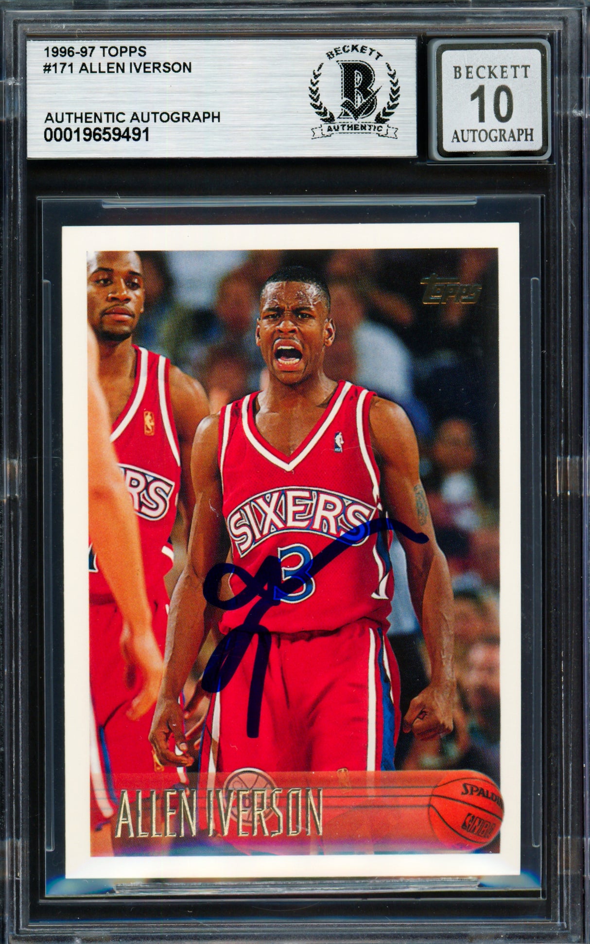 Allen Iverson Autographed 1996-97 Topps Rookie Card #171 Philadelphia 76ers Auto Grade Gem Mint 10 Beckett BAS Stock #261777