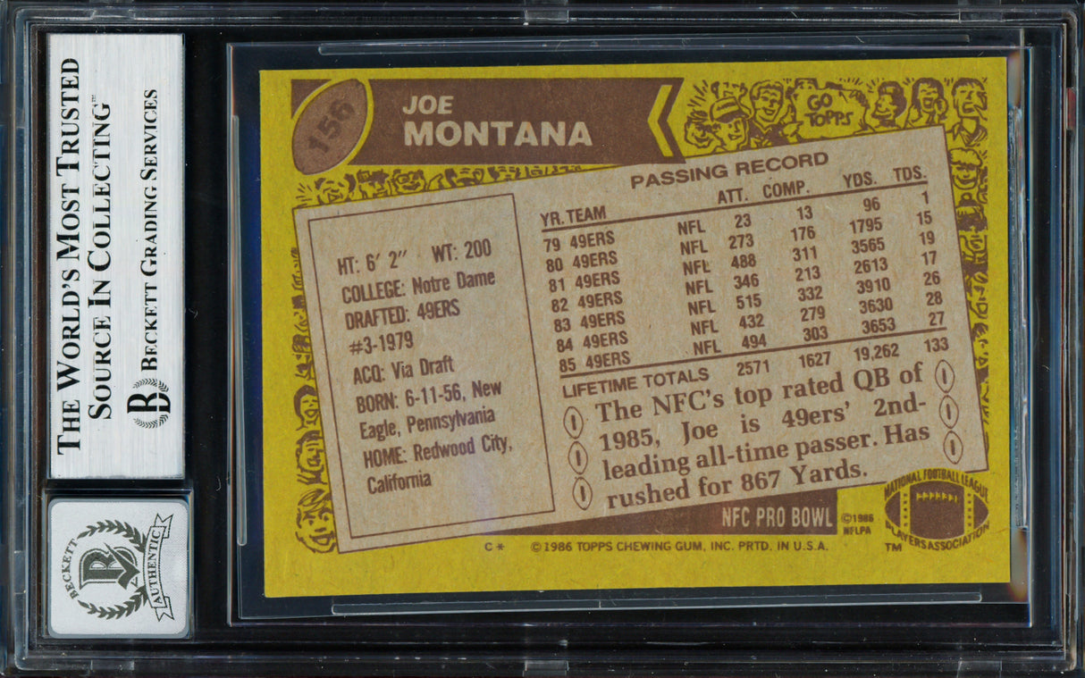 Joe Montana Autographed 1986 Topps Card #156 San Francisco 49ers Auto Grade Gem Mint 10 Beckett BAS Stock #261778