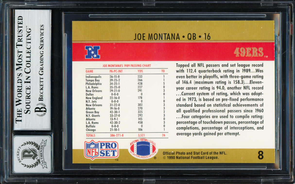 Joe Montana Autographed 1990 Pro Set Card #8 San Francisco 49ers Auto Grade Gem Mint 10 Beckett BAS Stock #261782
