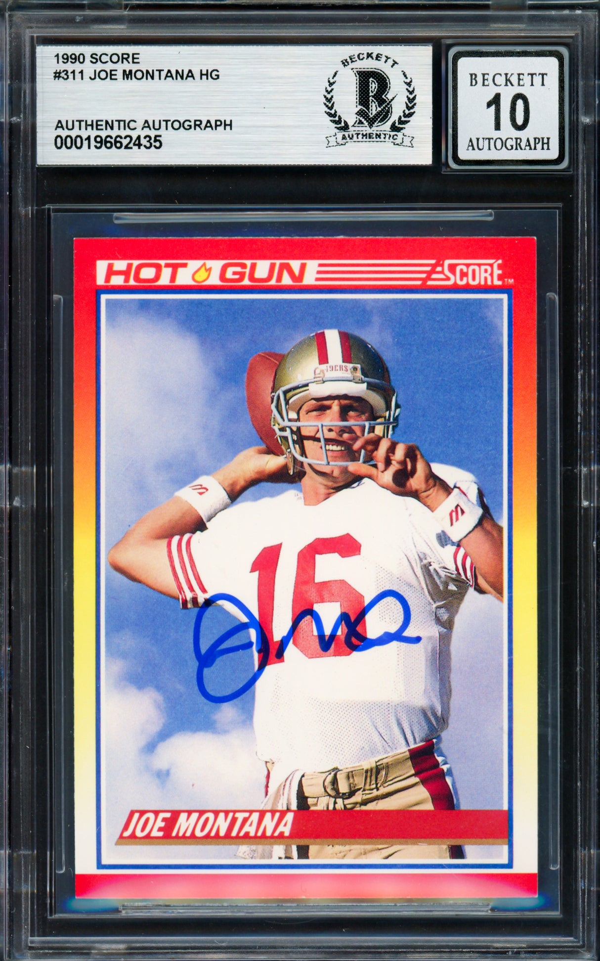 Joe Montana Autographed 1990 Score Card #311 San Francisco 49ers Auto Grade Gem Mint 10 Beckett BAS Stock #261790