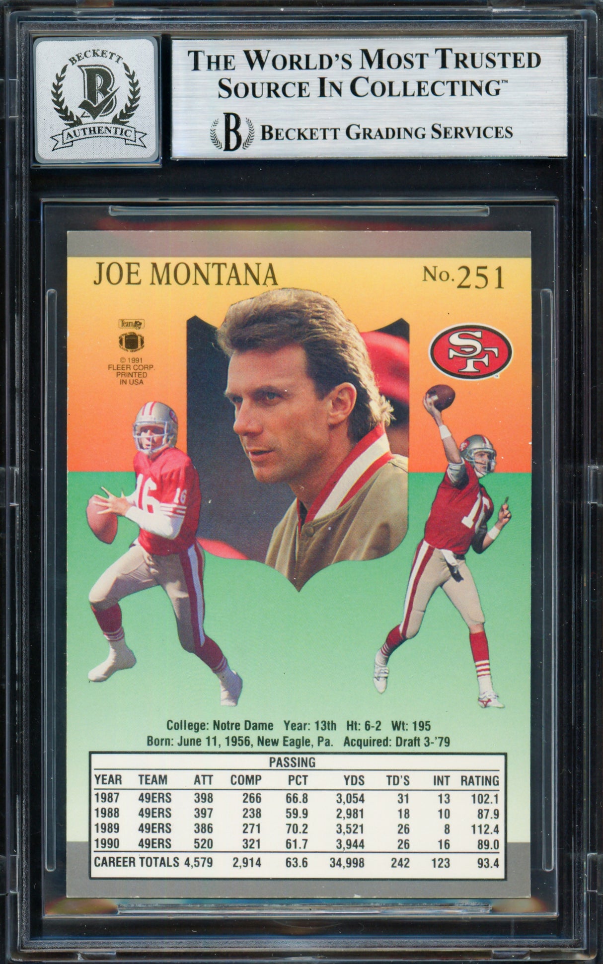 Joe Montana Autographed 1991 Fleer Ultra Card #251 San Francisco 49ers Auto Grade Gem Mint 10 Beckett BAS Stock #261793