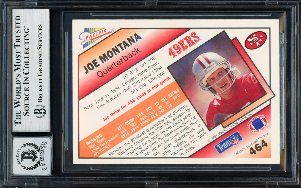 Joe Montana Autographed 1991 Pacific Card #464 San Francisco 49ers Auto Grade Gem Mint 10 Beckett BAS Stock #261794
