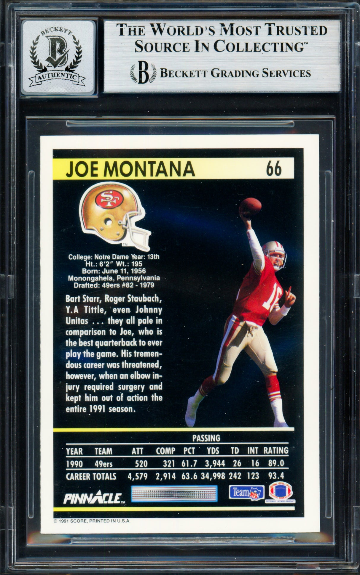Joe Montana Autographed 1991 Pinnacle Card #66 San Francisco 49ers Auto Grade Gem Mint 10 Beckett BAS Stock #261795