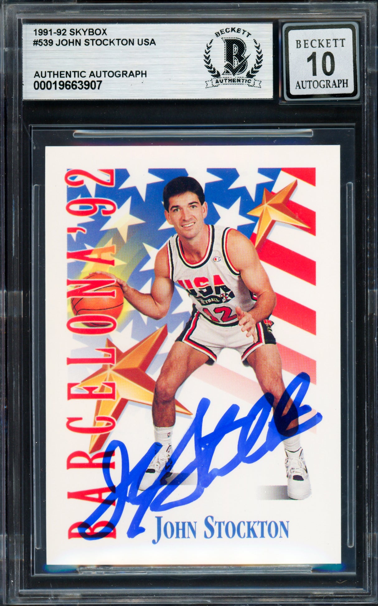 John Stockton Autographed 1991-92 Skybox Card #539 1992 USA Dream Team Auto Grade Gem Mint 10 Beckett BAS Stock #261808