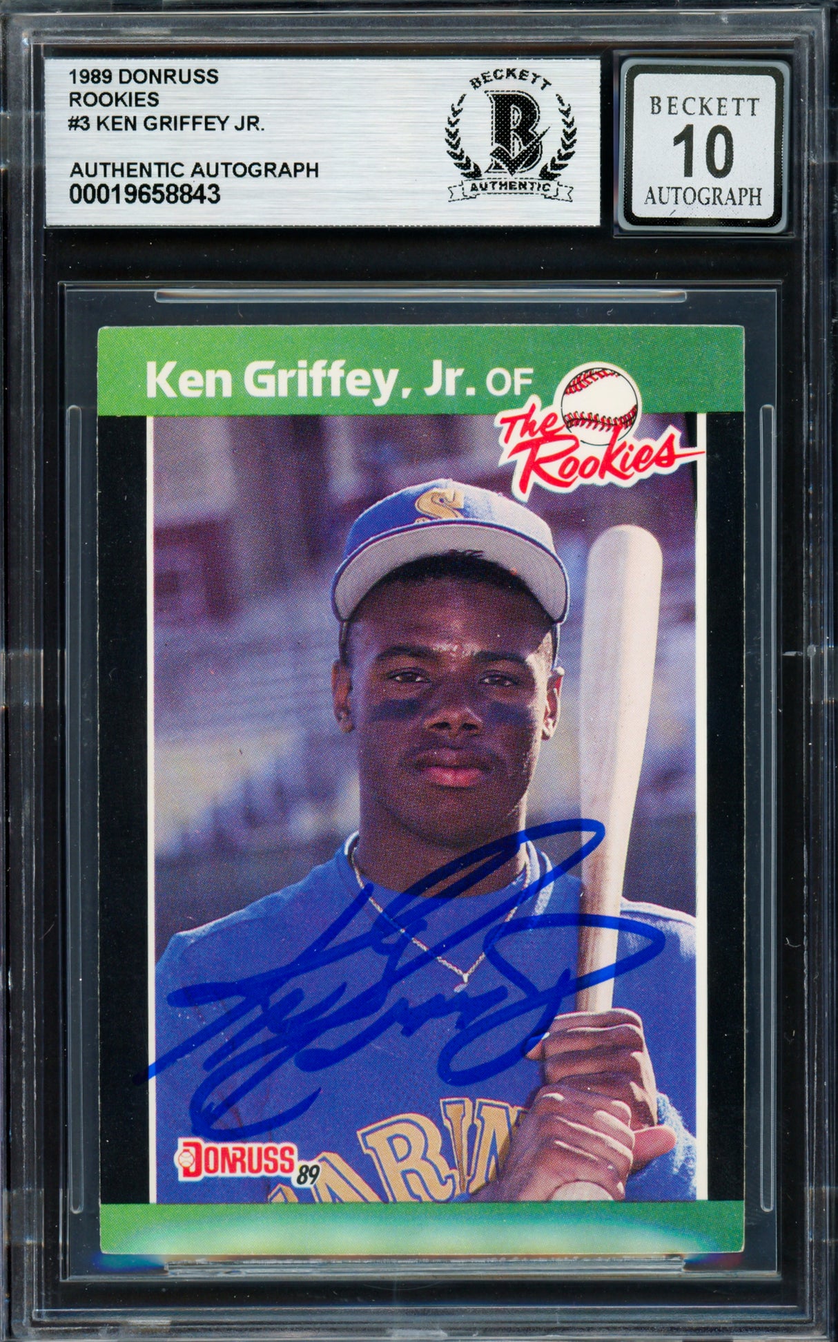 Ken Griffey Jr. Autographed 1989 Donruss The Rookies Rookie Card #3 Seattle Mariners Auto Grade Gem Mint 10 Beckett BAS Stock #261772