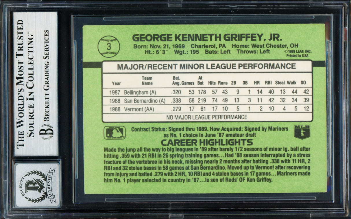 Ken Griffey Jr. Autographed 1989 Donruss The Rookies Rookie Card #3 Seattle Mariners Auto Grade Gem Mint 10 Beckett BAS Stock #261772