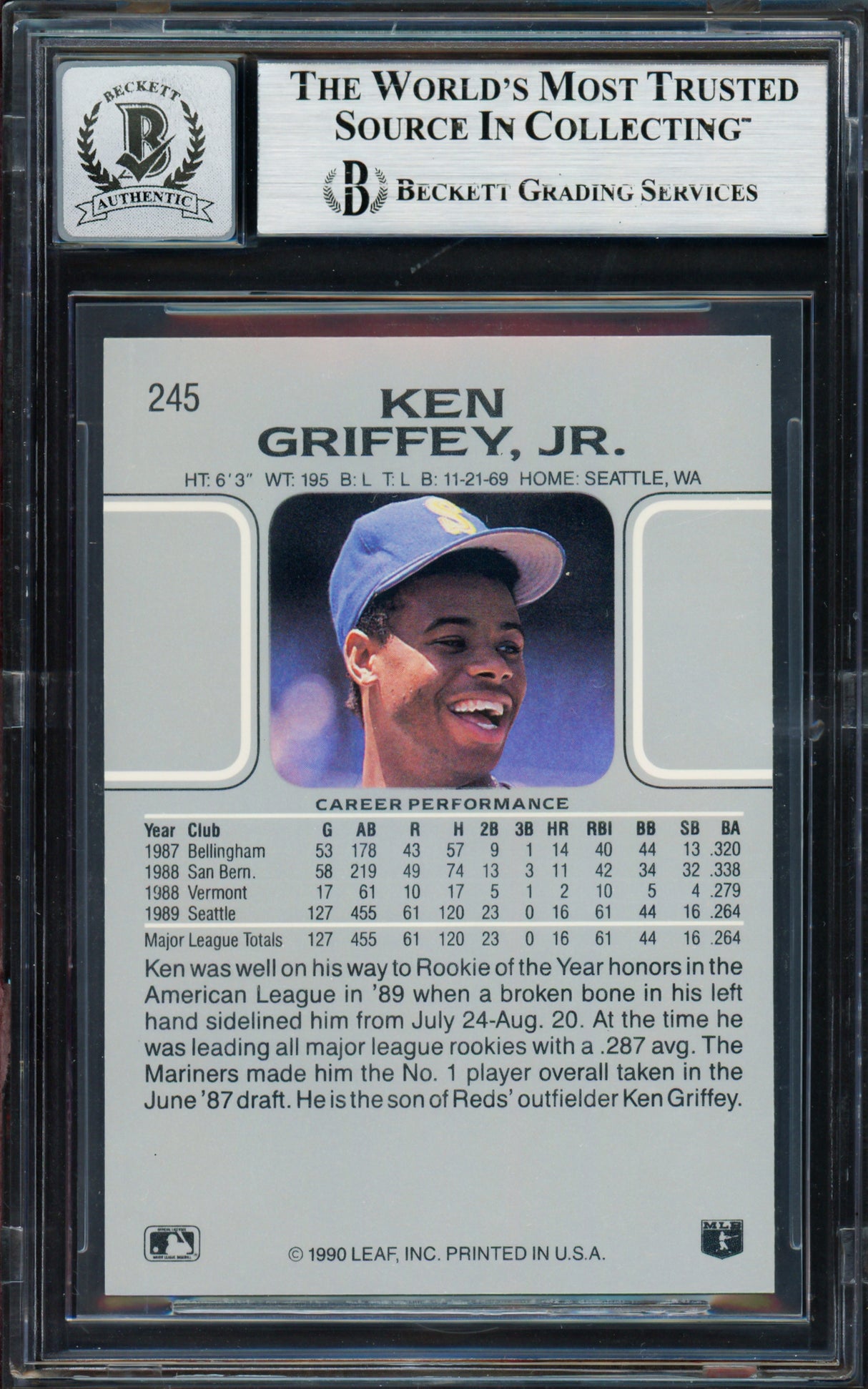 Ken Griffey Jr. Autographed 1990 Leaf Card #245 Seattle Mariners Auto Grade Gem Mint 10 Beckett BAS Stock #261774