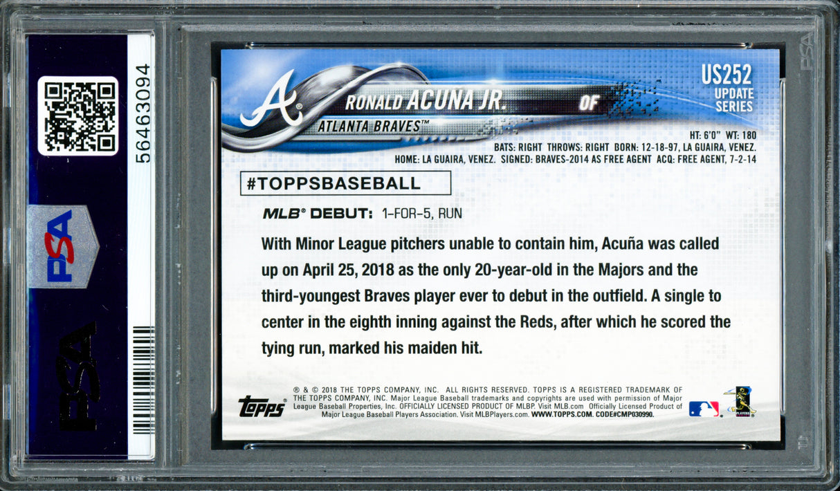Ronald Acuna Jr. Autographed 2018 Topps Update Rookie Card #US252 Atlanta Braves PSA 9 Auto Grade Gem Mint 10 PSA/DNA Stock #261992