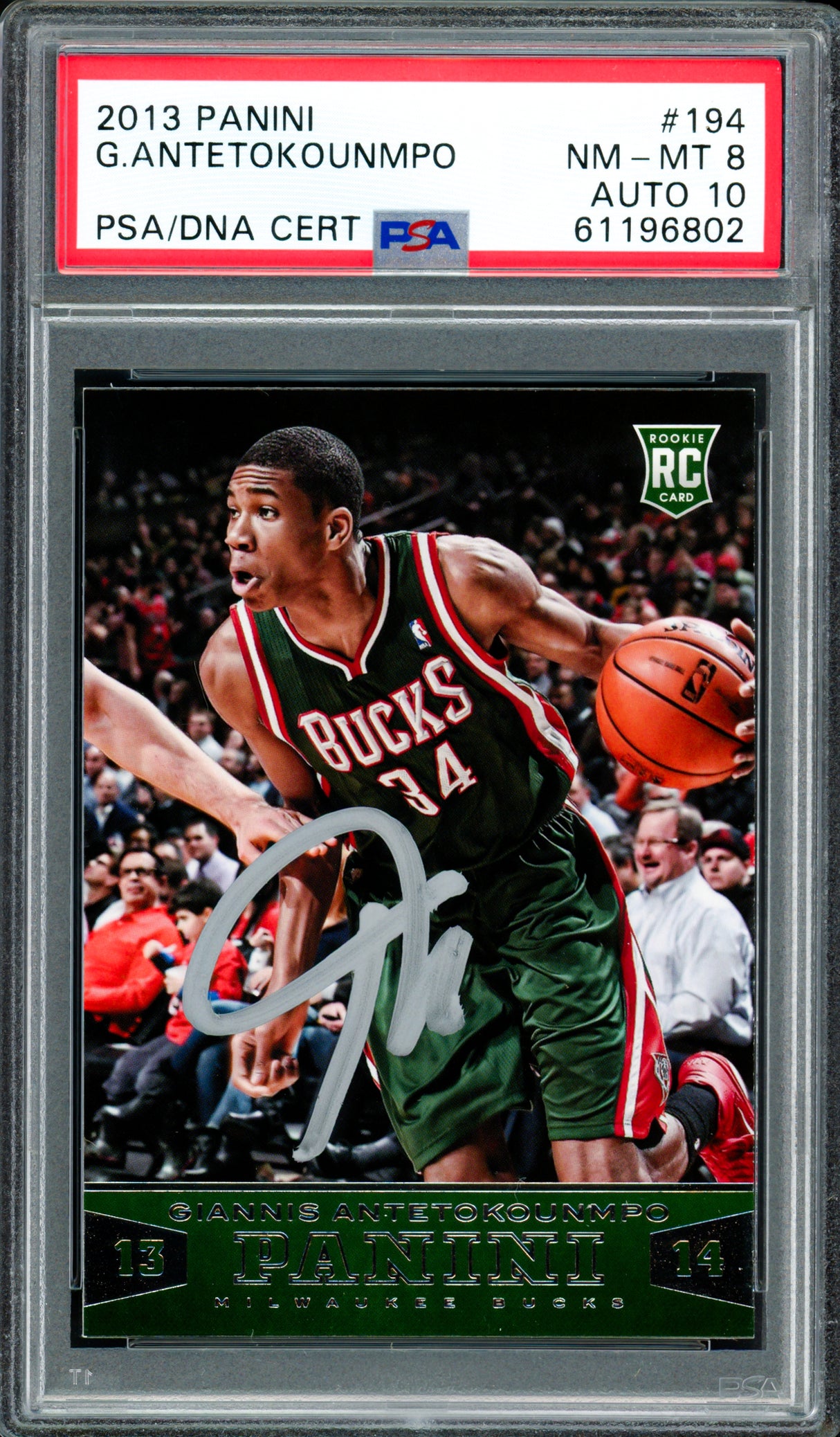 Giannis Antetokounmpo Autographed 2013 Panini Rookie Card #194 Milwaukee Bucks PSA 8 Auto Grade Gem Mint 10 PSA/DNA Stock #261994
