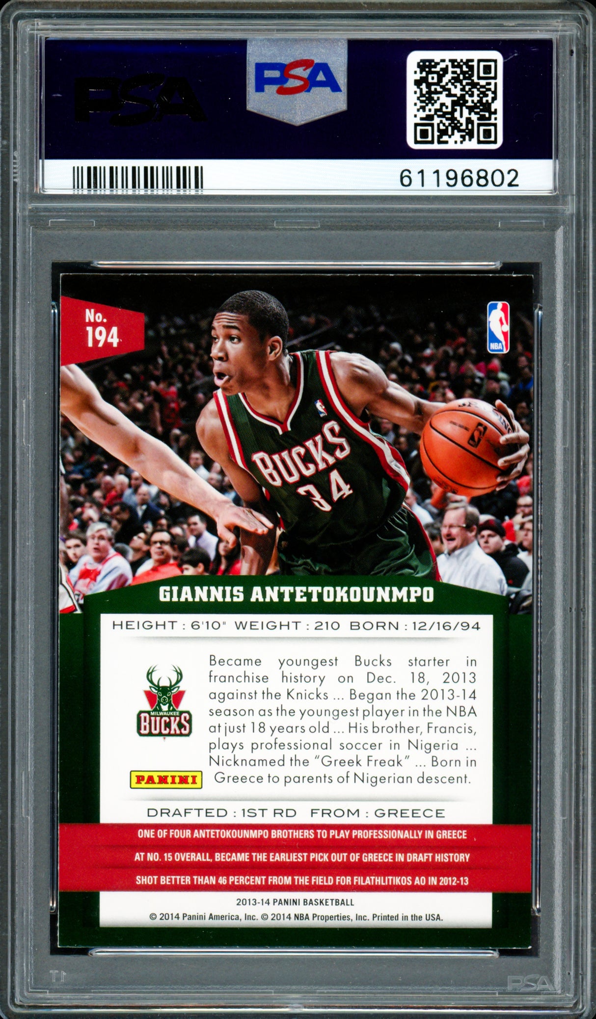 Giannis Antetokounmpo Autographed 2013 Panini Rookie Card #194 Milwaukee Bucks PSA 8 Auto Grade Gem Mint 10 PSA/DNA Stock #261994