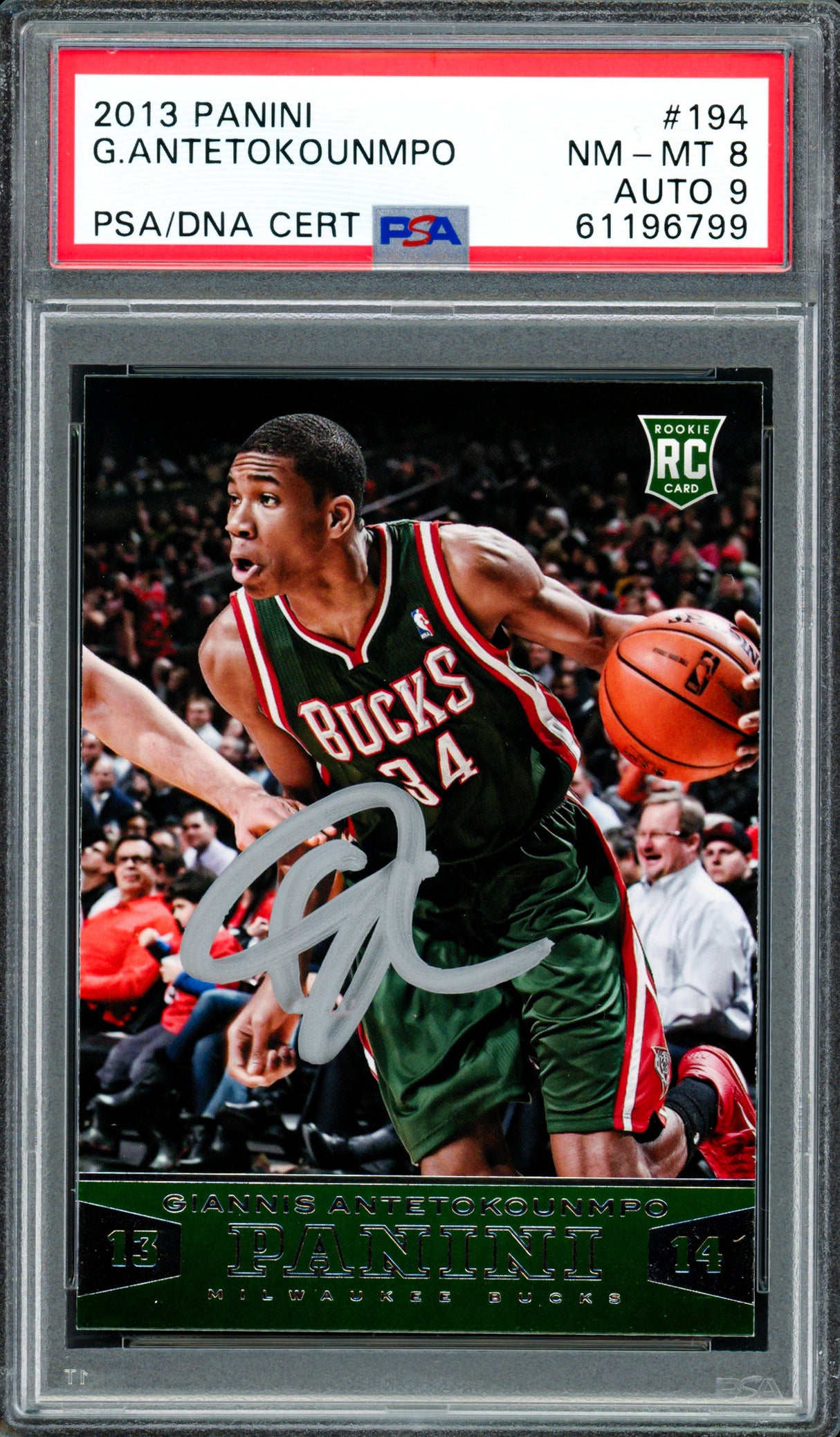 Giannis Antetokounmpo Autographed 2013 Panini Rookie Card #194 Milwaukee Bucks PSA 8 Auto Grade Mint 9 PSA/DNA Stock #261995