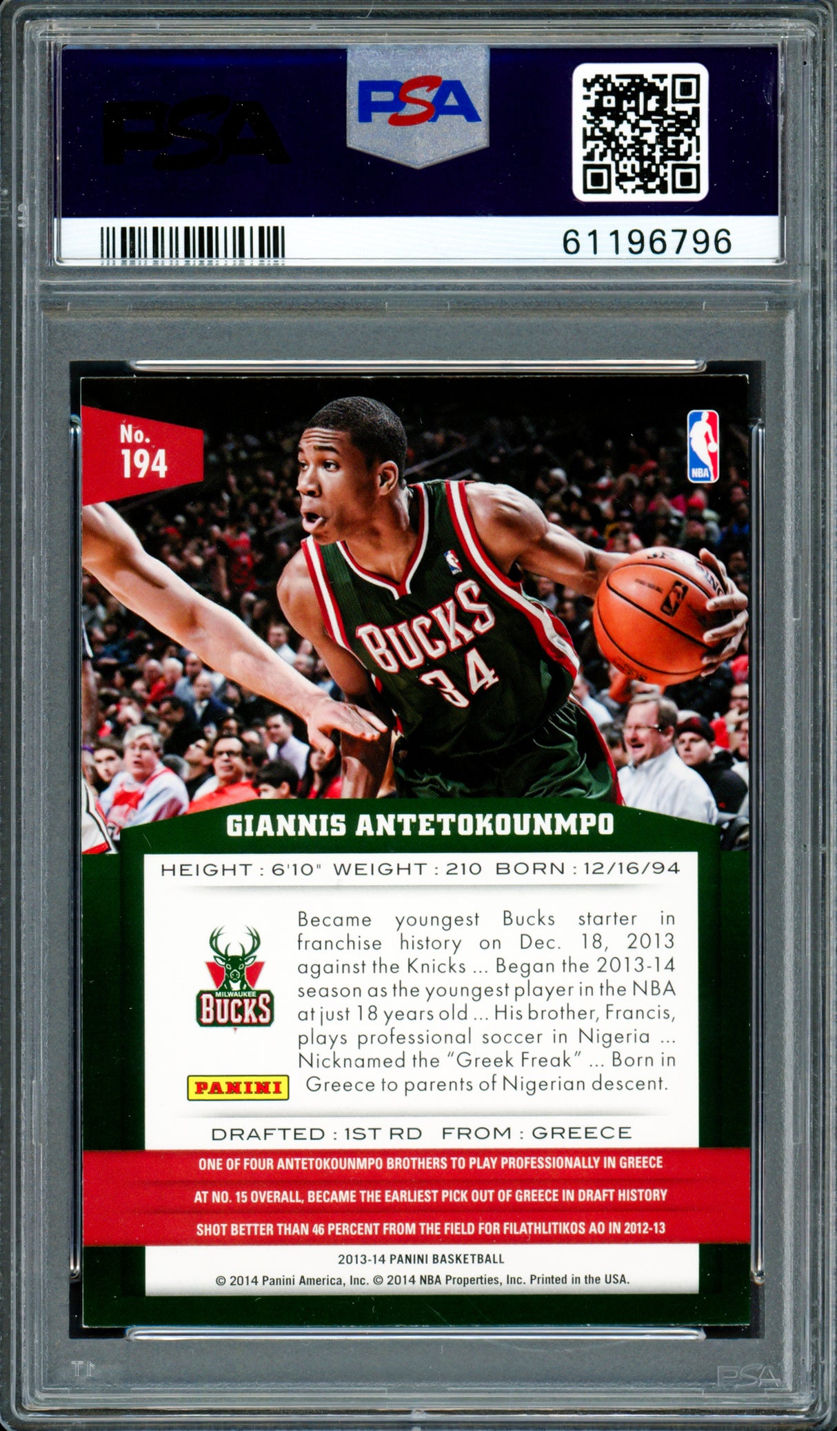Giannis Antetokounmpo Autographed 2013 Panini Rookie Card #194 Milwaukee Bucks Auto Grade Gem Mint 10 PSA/DNA Stock #261996