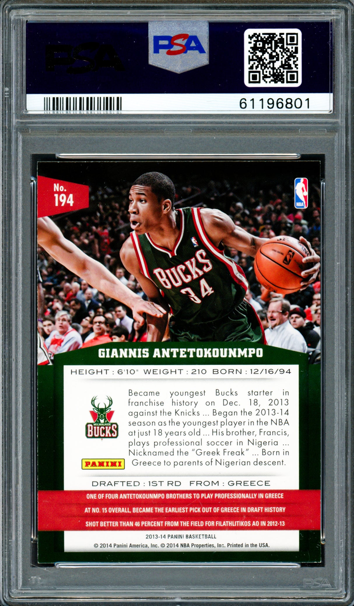 Giannis Antetokounmpo Autographed 2013 Panini Rookie Card #194 Milwaukee Bucks Auto Grade Mint 9 PSA/DNA Stock #261997