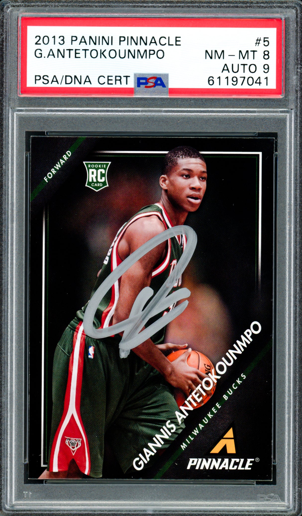 Giannis Antetokounmpo Autographed 2013 Panini Pinnacle Rookie Card #5 Milwaukee Bucks PSA 8 Auto Grade Mint 9 PSA/DNA Stock #261999
