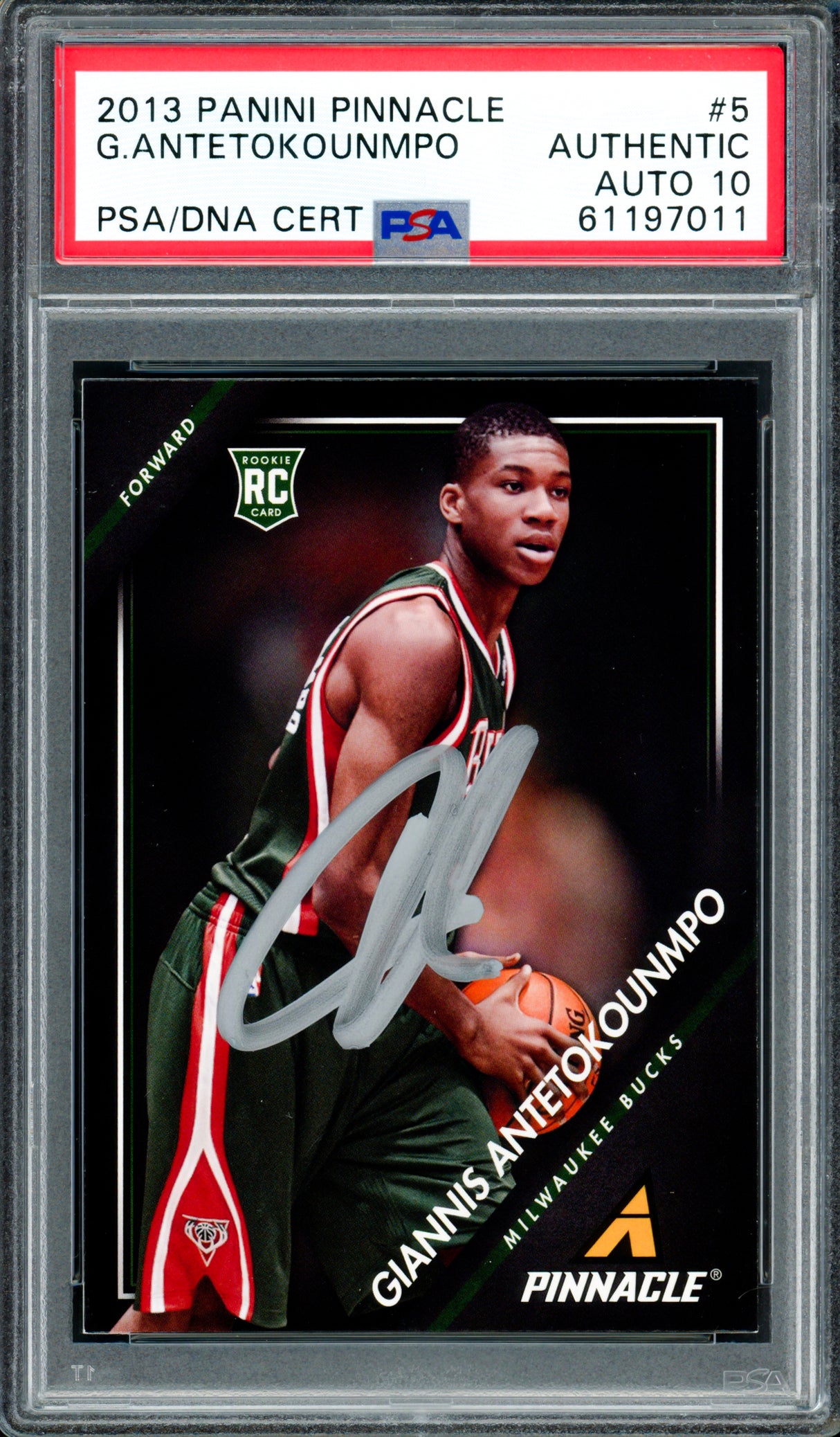 Giannis Antetokounmpo Autographed 2013 Panini Pinnacle Rookie Card #5 Milwaukee Bucks Auto Grade Gem Mint 10 PSA/DNA Stock #262000
