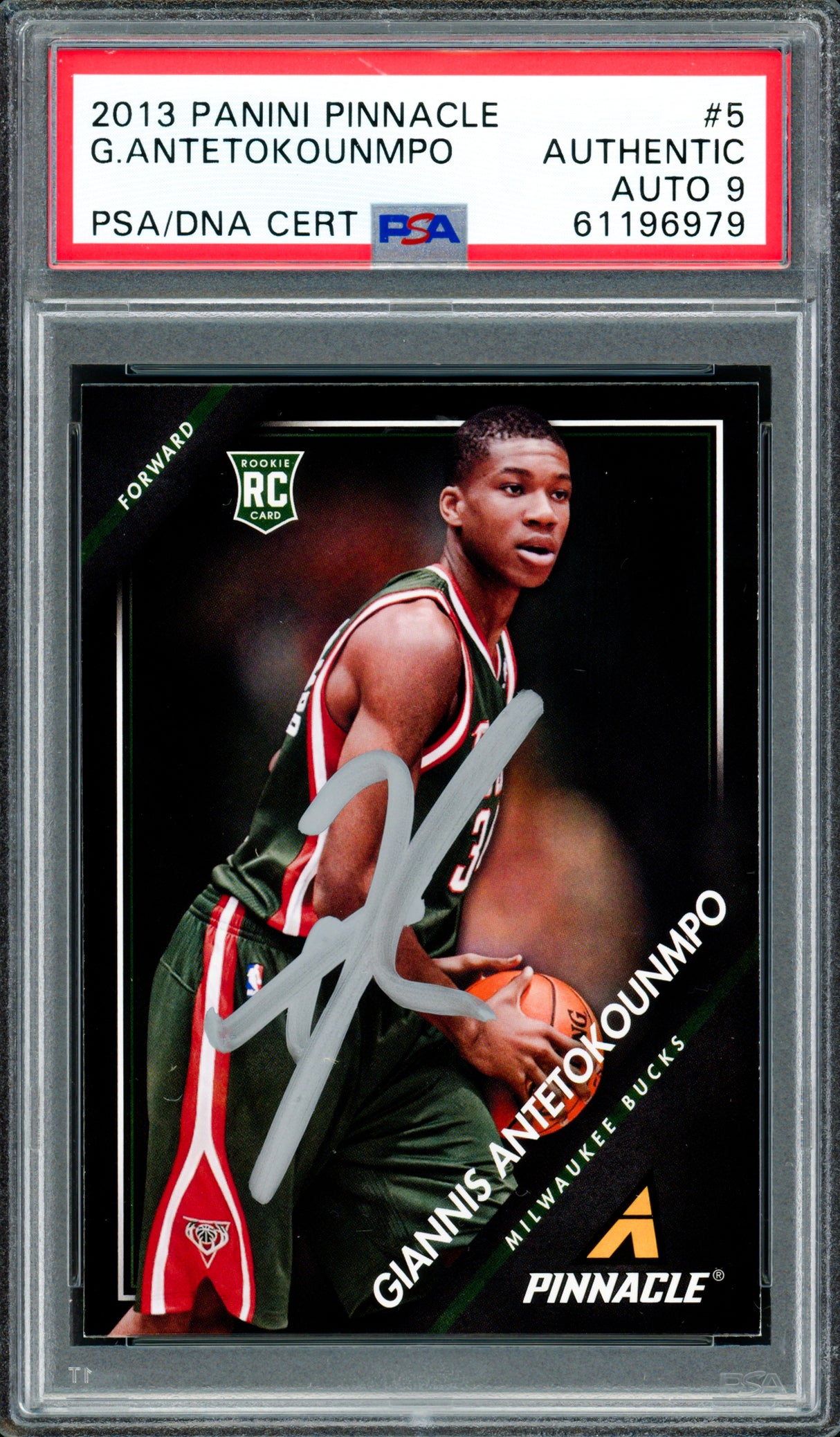 Giannis Antetokounmpo Autographed 2013 Panini Pinnacle Rookie Card #5 Milwaukee Bucks Auto Grade Mint 9 PSA/DNA Stock #262001
