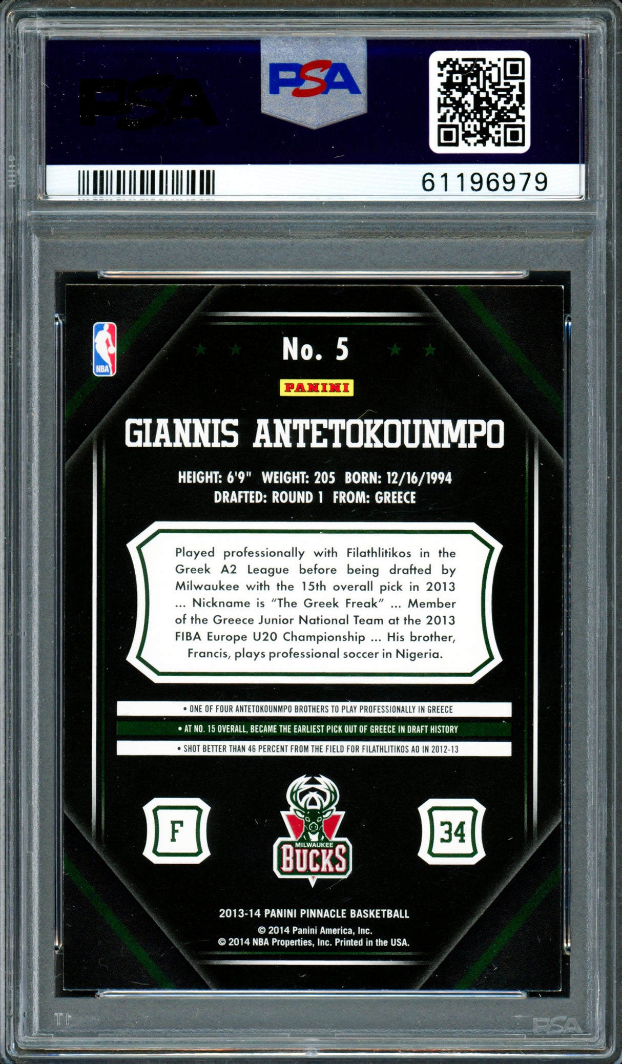 Giannis Antetokounmpo Autographed 2013 Panini Pinnacle Rookie Card #5 Milwaukee Bucks Auto Grade Mint 9 PSA/DNA Stock #262001