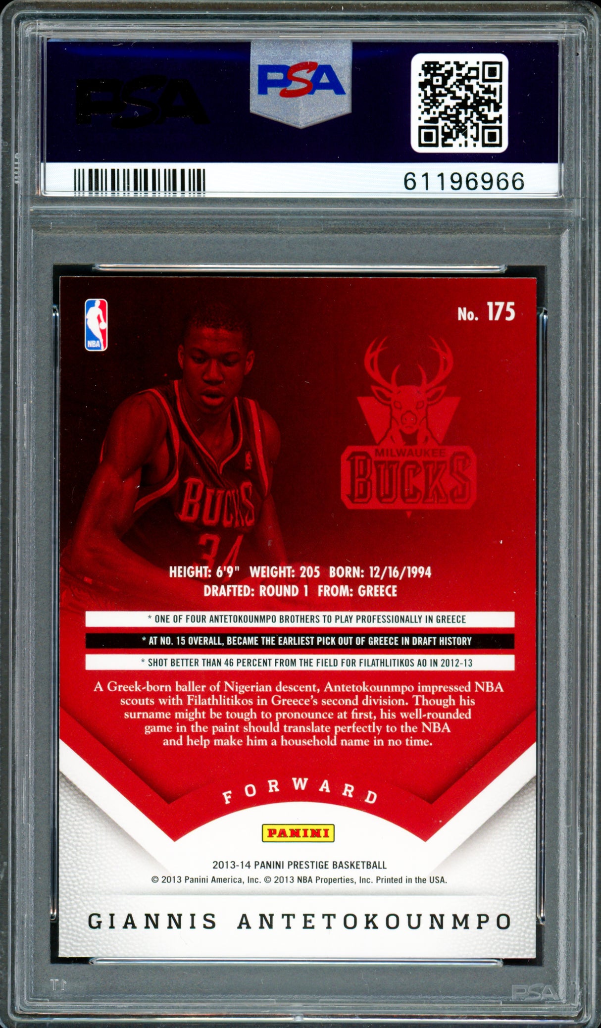 Giannis Antetokounmpo Autographed 2013 Panini Prestige Rookie Card #175 Milwaukee Bucks PSA 9 Auto Grade Gem Mint 10 PSA/DNA Stock #262002