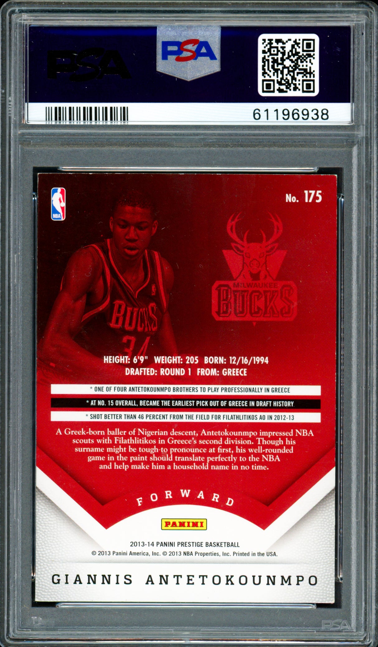 Giannis Antetokounmpo Autographed 2013 Panini Prestige Rookie Card #175 Milwaukee Bucks Auto Grade Gem Mint 10 PSA/DNA Stock #262006