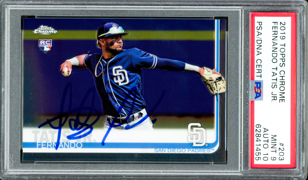 Fernando Tatis Jr. Autographed 2019 Topps Chrome Rookie Card #203 San Diego Padres PSA 9 Auto Grade Gem Mint 10 PSA/DNA Stock #262018